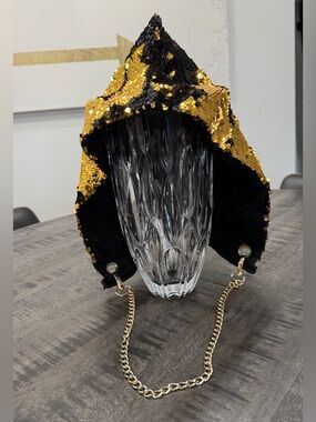 Sequin Hooded Cap with Gold Chain Strap - Black & Gold